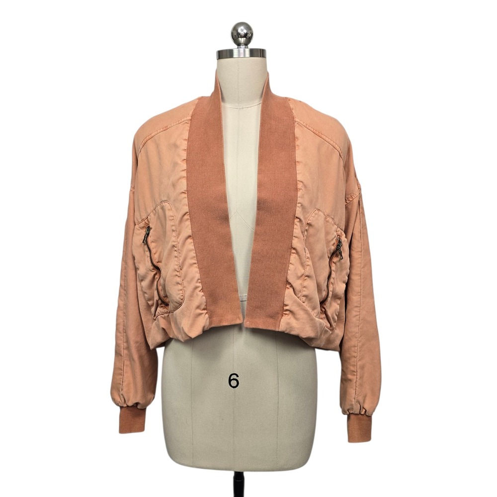 Young Fabulous & Broke Womens Medium Peach Cropped Open Front Bomber Jacket